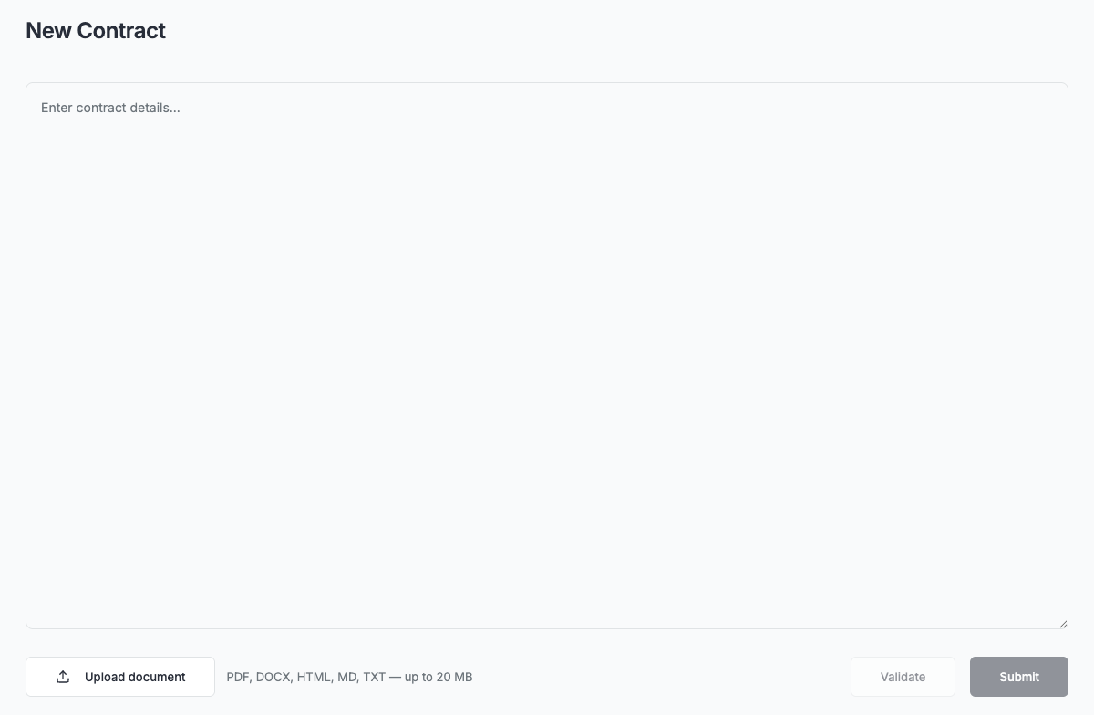 The New Contract screen: paste contract text directly, or upload a document.