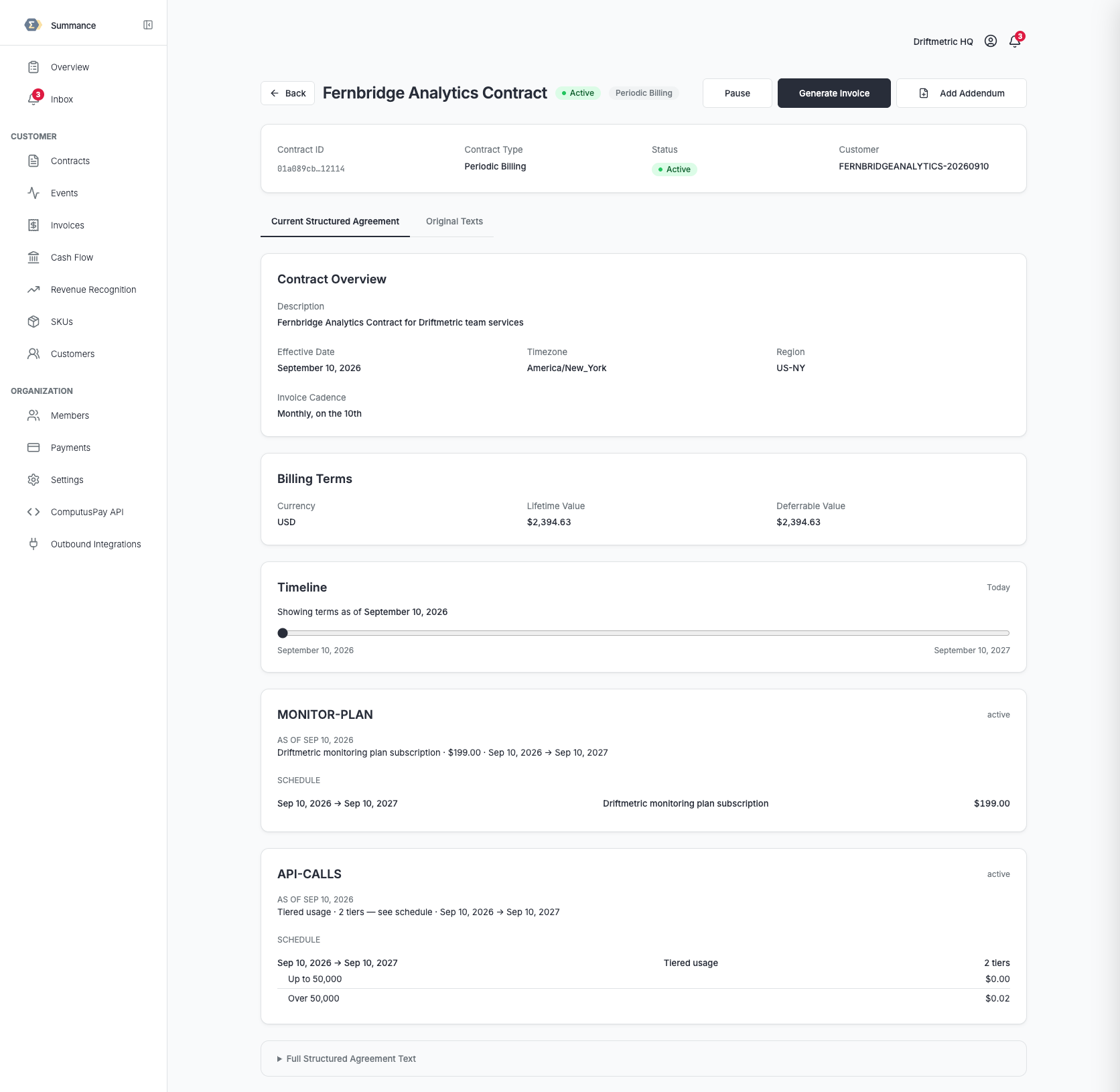 A contract's structured agreement view, showing the tiered, usage-priced API-CALLS SKU.