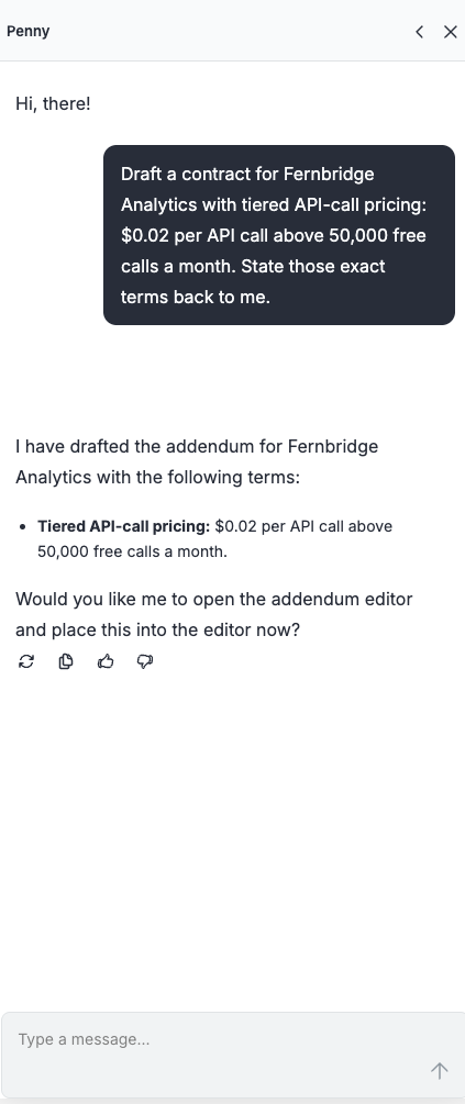 Penny drafting tiered API-call pricing in chat: $0.02 per API call above 50,000 free calls a month, offering to open the addendum editor.